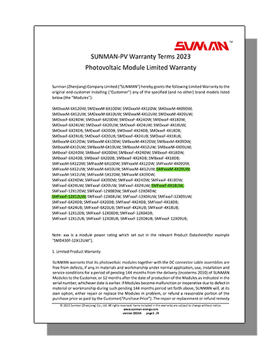 Sunman PV Warranty Terms 2023